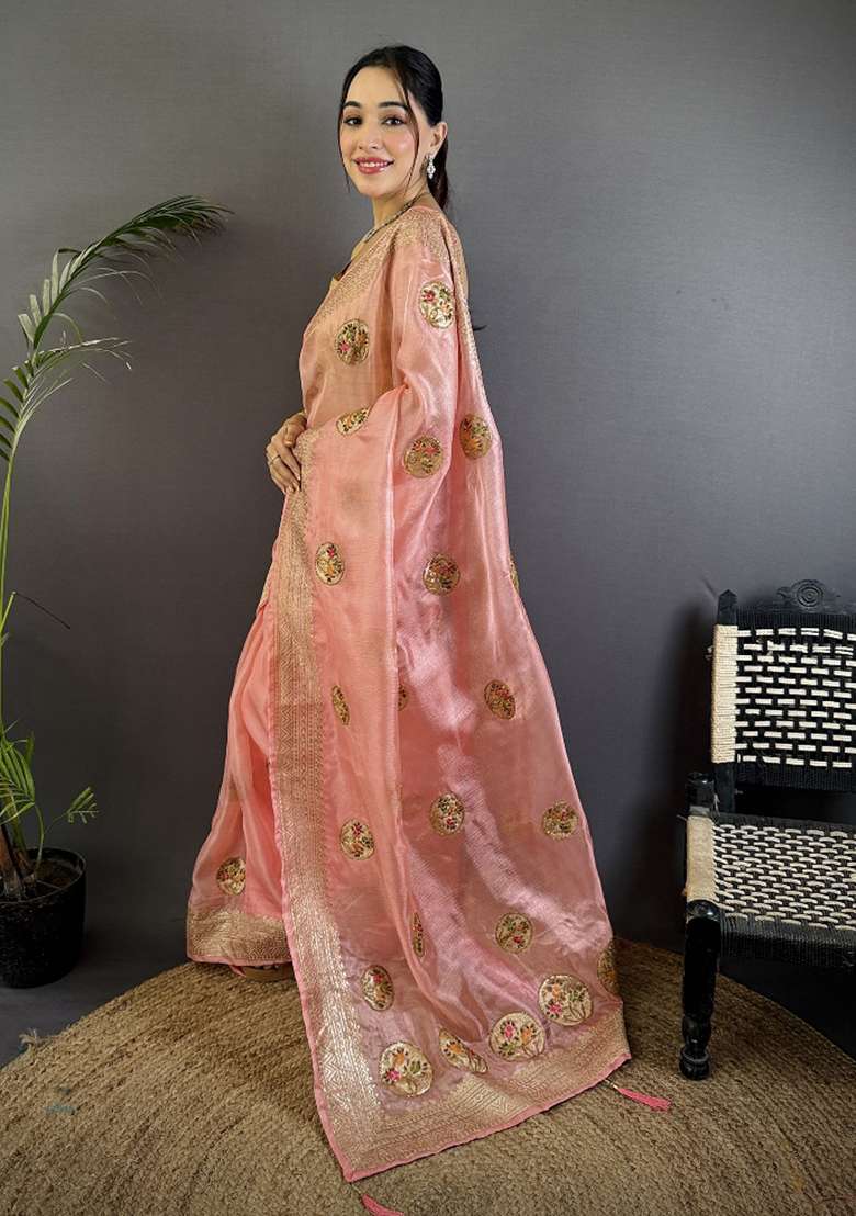 Baby Pink Khatali Butta Work Silk Blend Saree Set for Diwali and Festive Wear - Indya