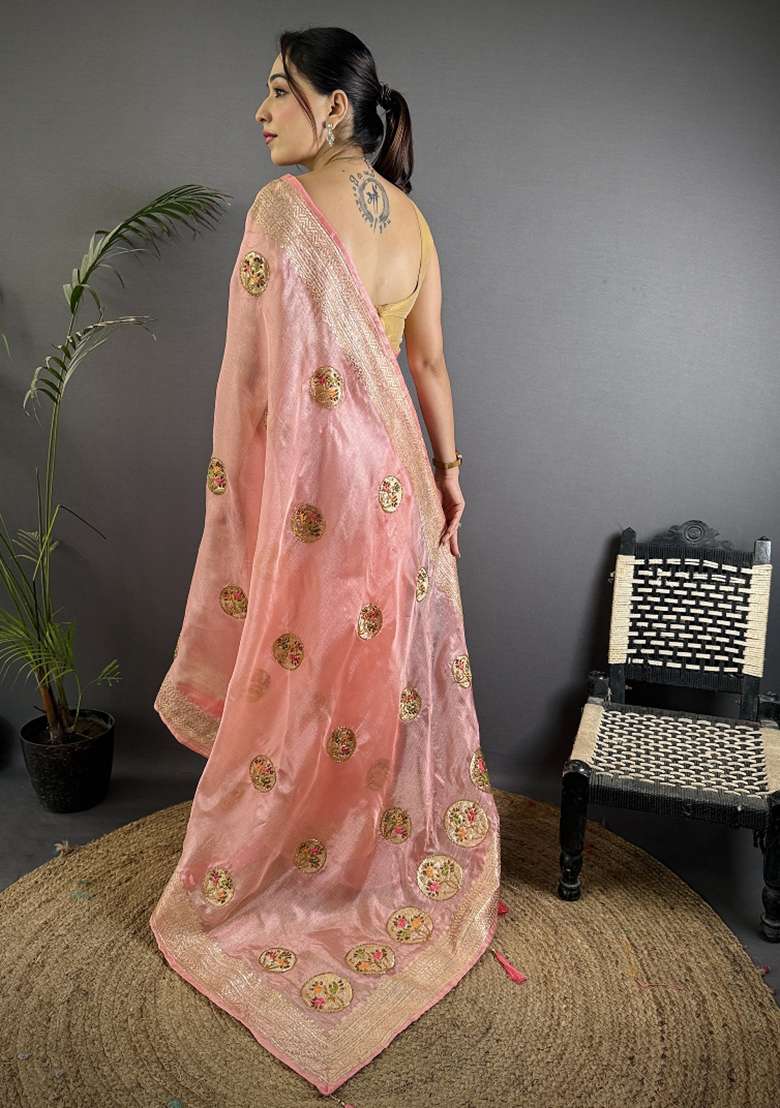 Baby Pink Khatali Butta Work Silk Blend Saree Set for Diwali and Festive Wear - Indya