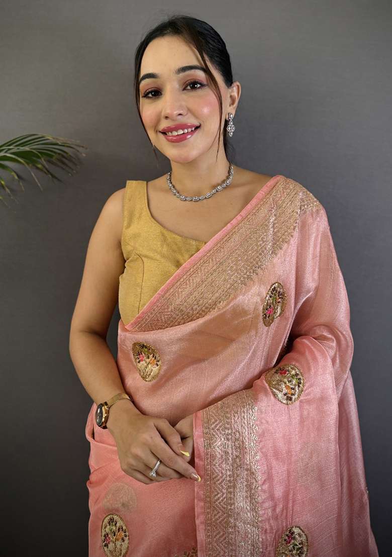 Baby Pink Khatali Butta Work Silk Blend Saree Set for Diwali and Festive Wear - Indya