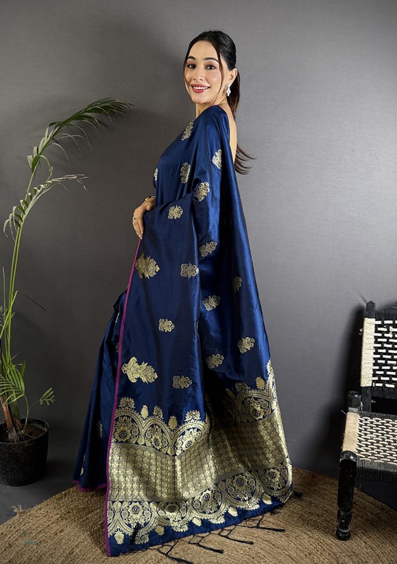 Navy Blue Gold Zari Meena Silk Saree Set - Indya