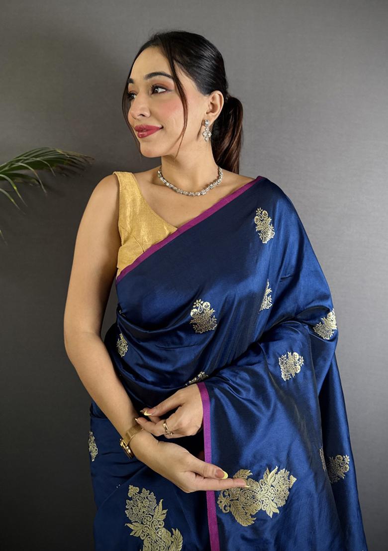 Navy Blue Gold Zari Meena Silk Saree Set - Indya