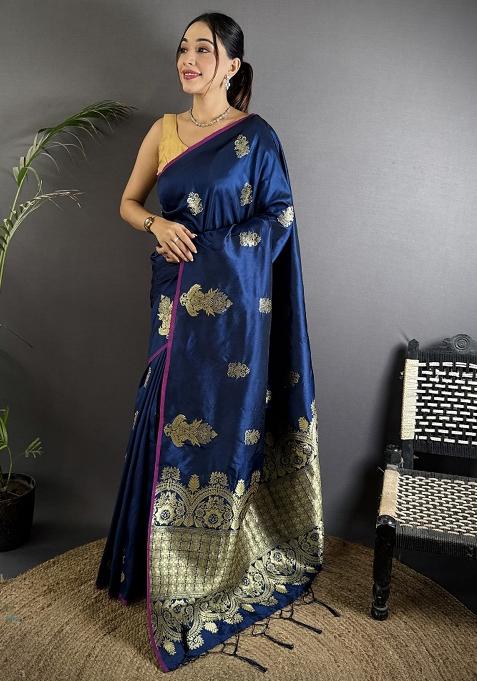 Navy Blue Gold Zari Meena Silk Blend Saree Set