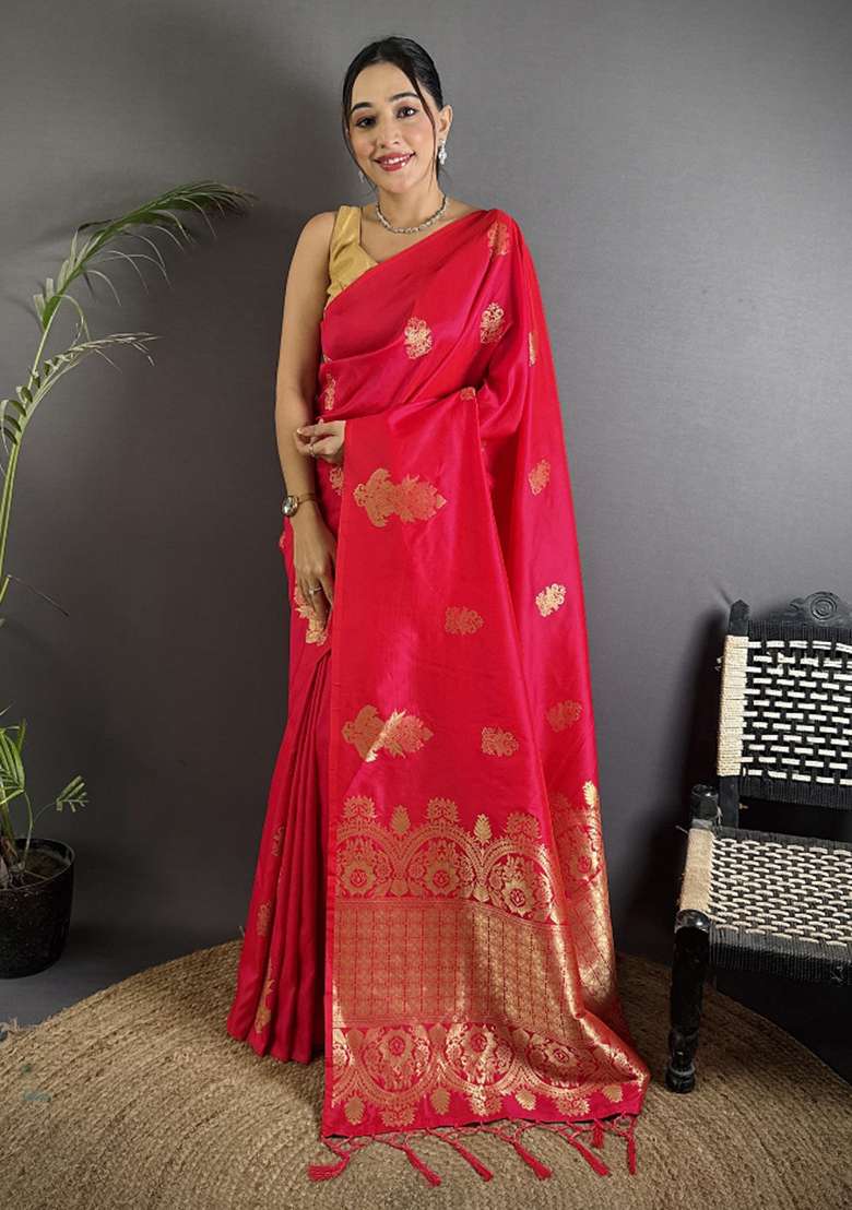 Red Gold Zari Meena Silk Blend Saree Set for Diwali and Festive Wear - Indya