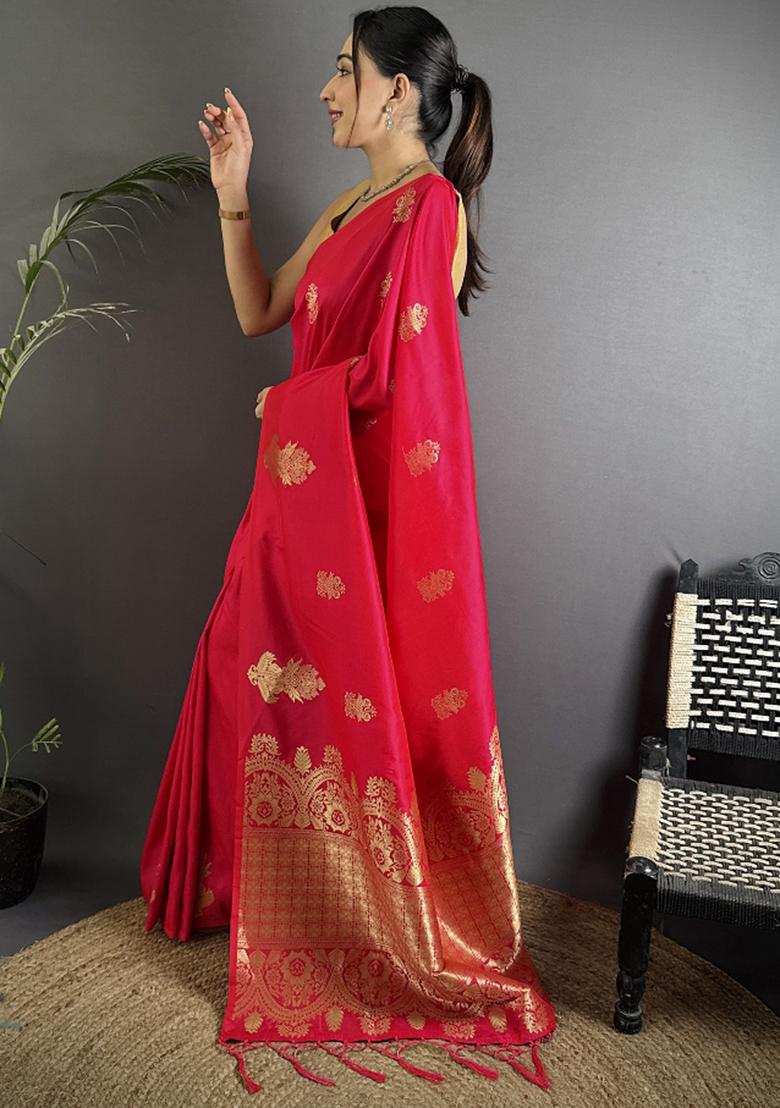 Red Gold Zari Meena Silk Saree Set - Indya