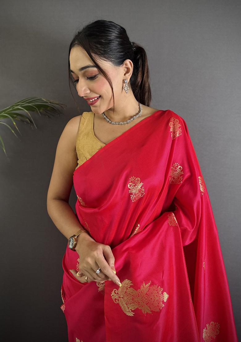 Red Gold Zari Meena Silk Saree Set - Indya