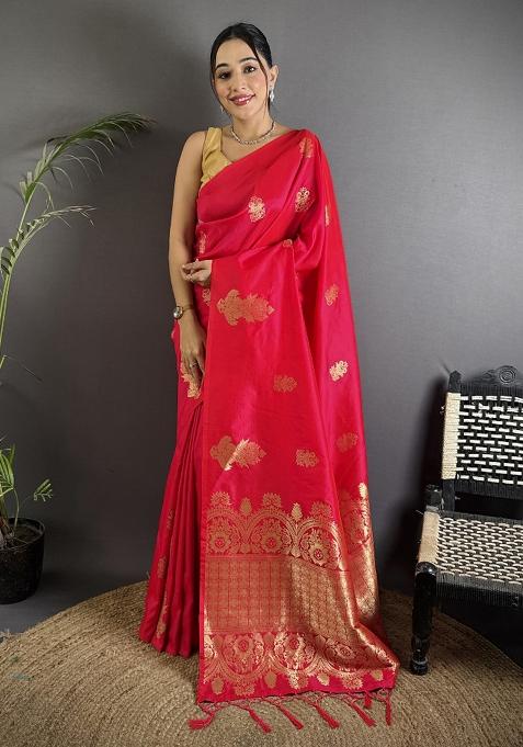 Red Gold Zari Meena Silk Saree Set