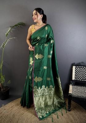 Dark Green Gold Zari Meena Silk Saree Set