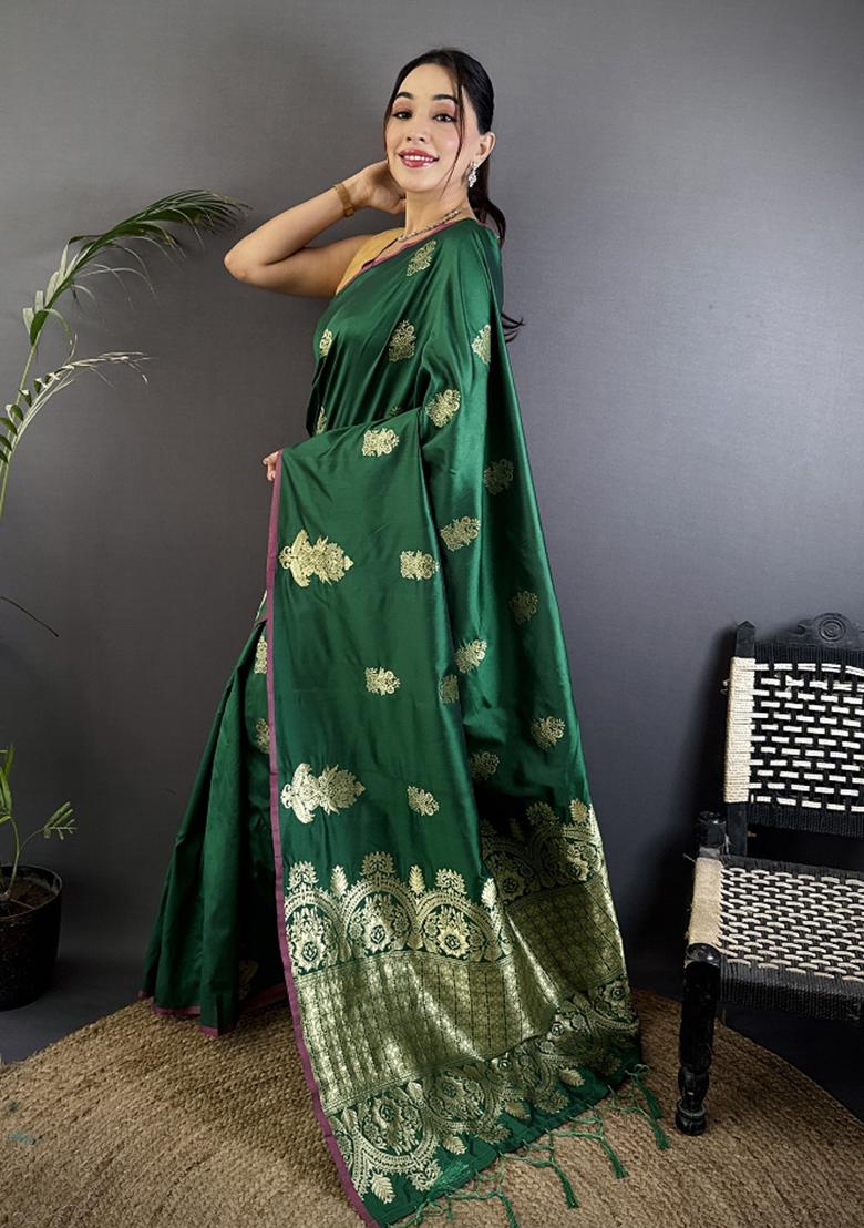 Dark Green Gold Zari Meena Silk Saree Set - Indya