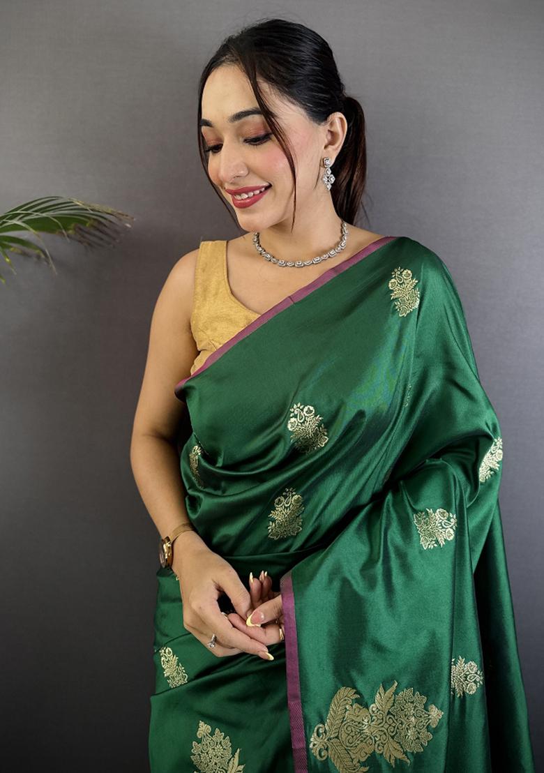 Dark Green Gold Zari Meena Silk Saree Set - Indya