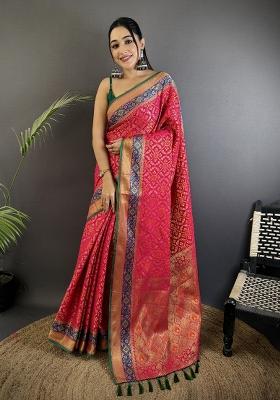 Hot Pink Patola Silk Saree Set