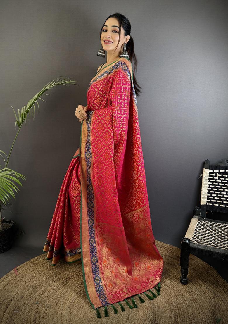 Hot Pink Patola Silk Saree Set - Indya