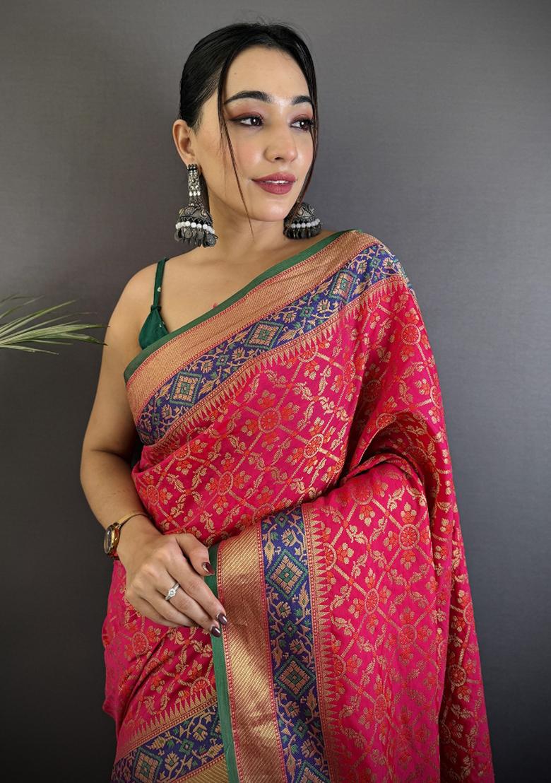 Hot Pink Patola Silk Saree Set - Indya