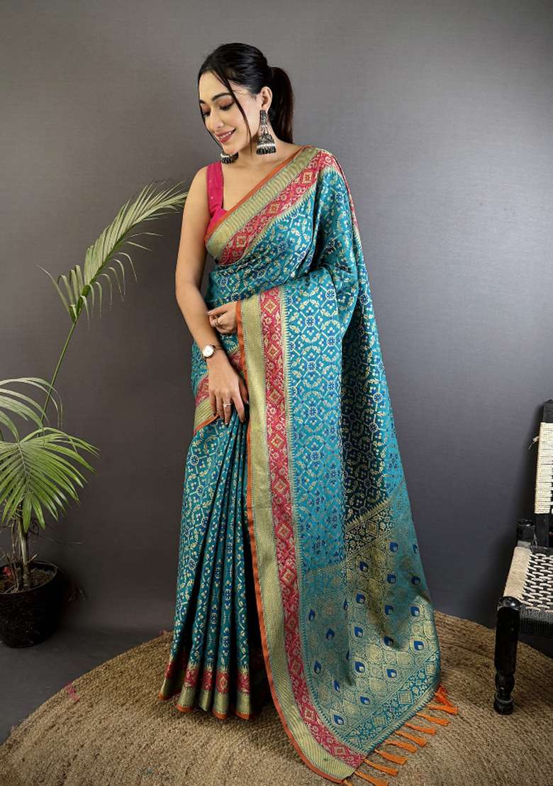 Aqua Blue Patola Silk Blend Saree Set for Diwali | Wedding & Festive Wear - Indya