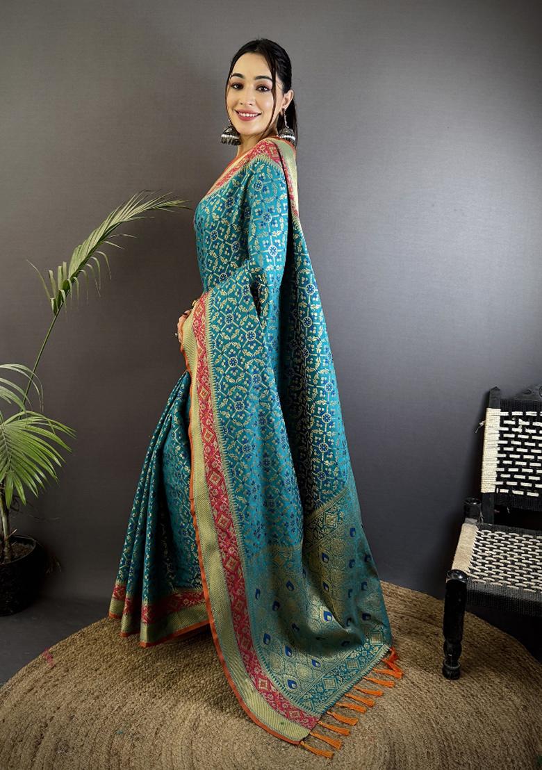 Aqua Blue Patola Silk Saree Set - Indya