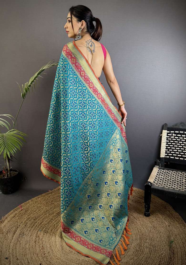 Aqua Blue Patola Silk Blend Saree Set for Diwali | Wedding & Festive Wear - Indya