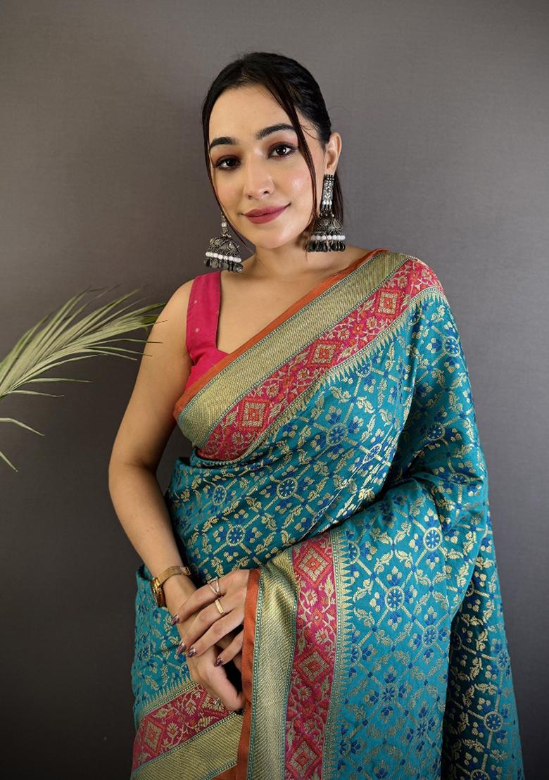 Aqua Blue Patola Silk Saree Set - Indya