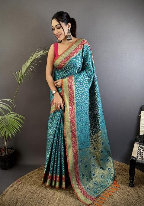 Aqua Blue Patola Silk Saree Set — view on Indya