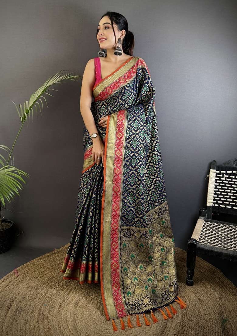 Navy Blue Patola Silk Blend Saree Set for Diwali | Wedding & Festive Wear - Indya