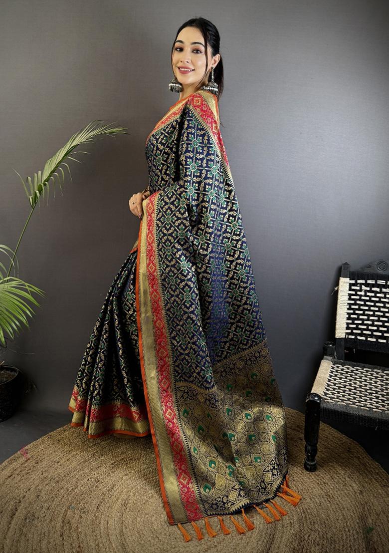 Navy Blue Patola Silk Saree Set - Indya