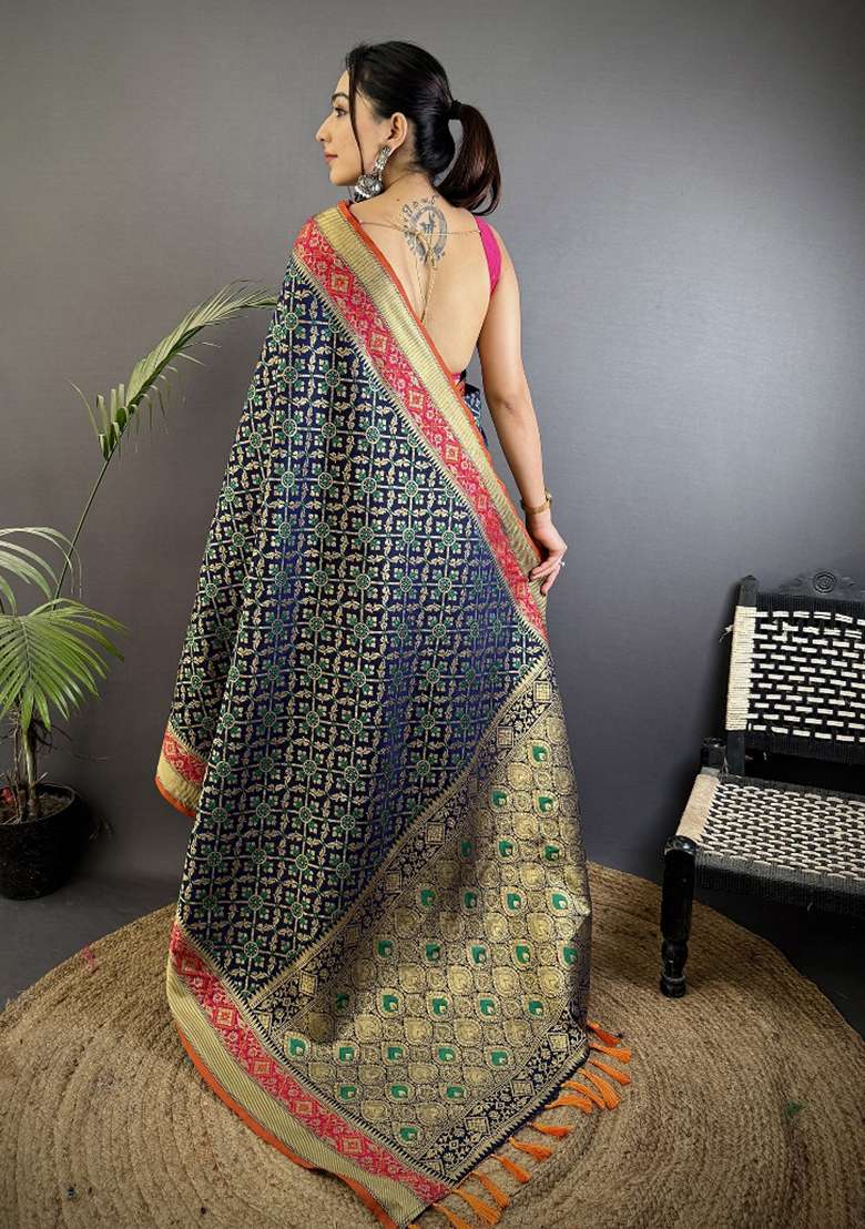 Navy Blue Patola Silk Blend Saree Set for Diwali | Wedding & Festive Wear - Indya