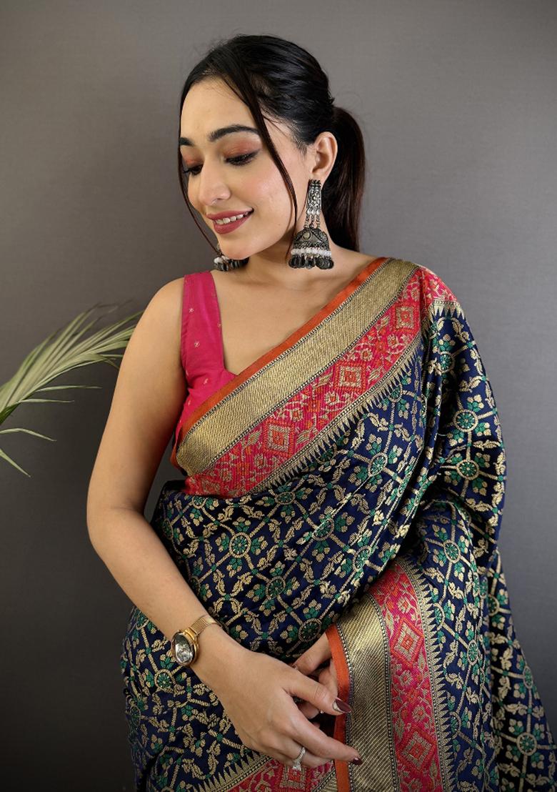 Navy Blue Patola Silk Saree Set - Indya