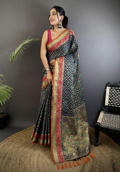 Navy Blue Patola Silk Saree Set