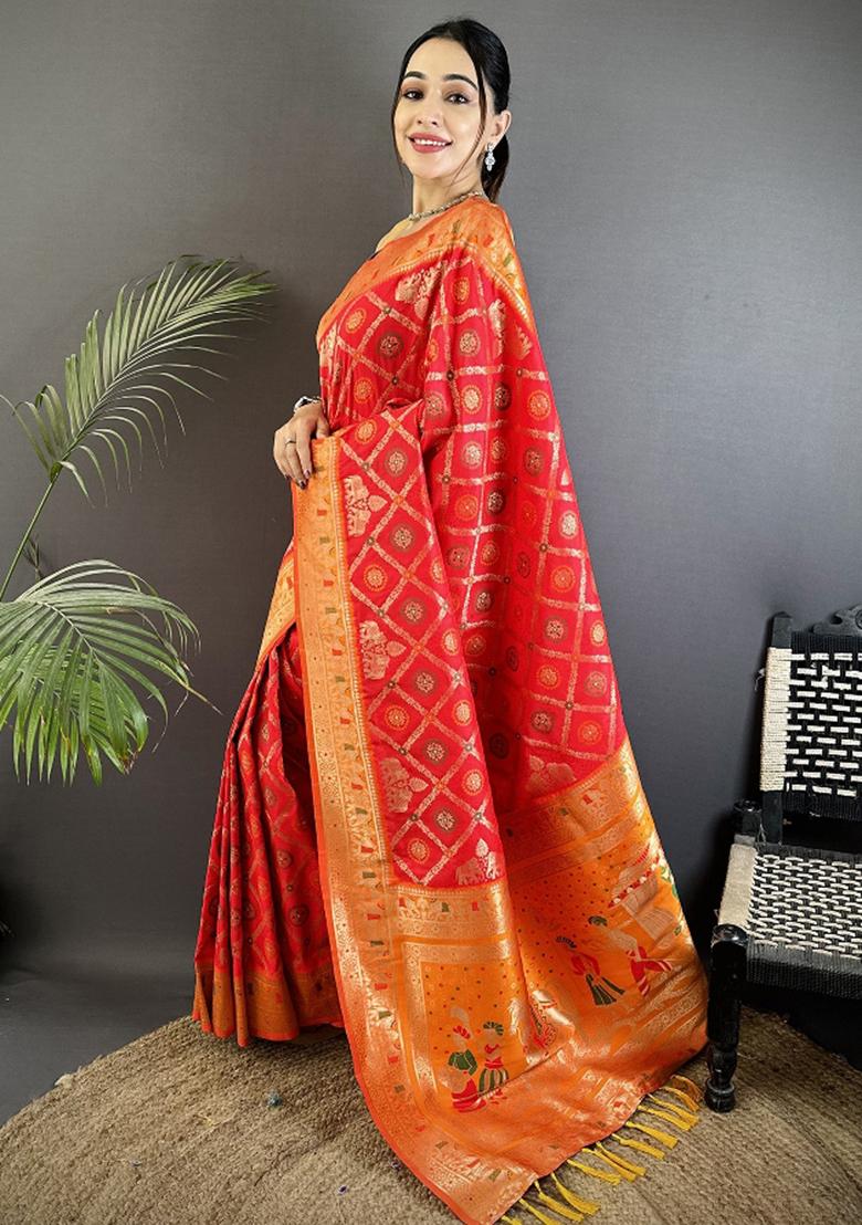 Red Patola Silk Saree Set - Indya