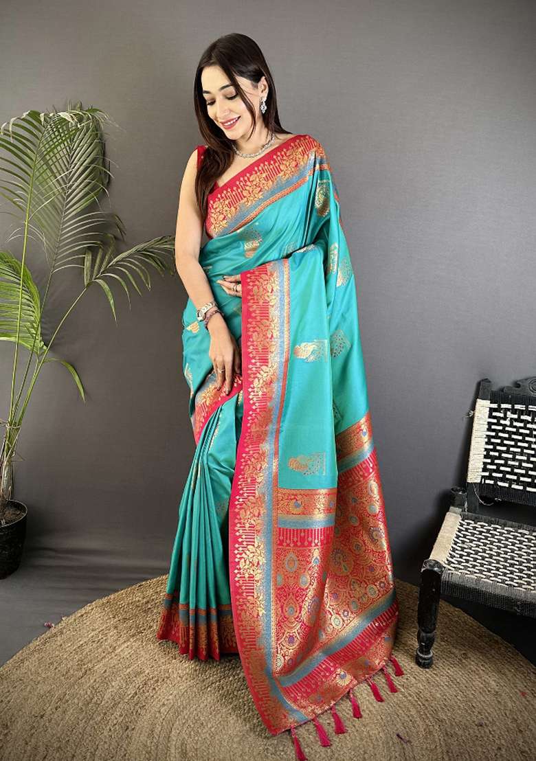 Aqua Green Peacock Butta Work Silk Blend Saree Set for Diwali | Wedding & Festive Wear - Indya