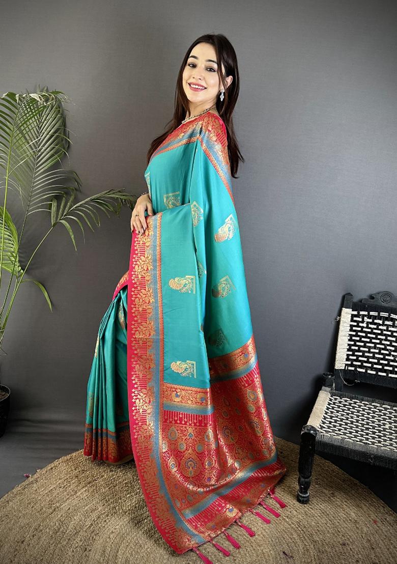 Aqua Green Peacock Butta Work Silk Saree Set - Indya
