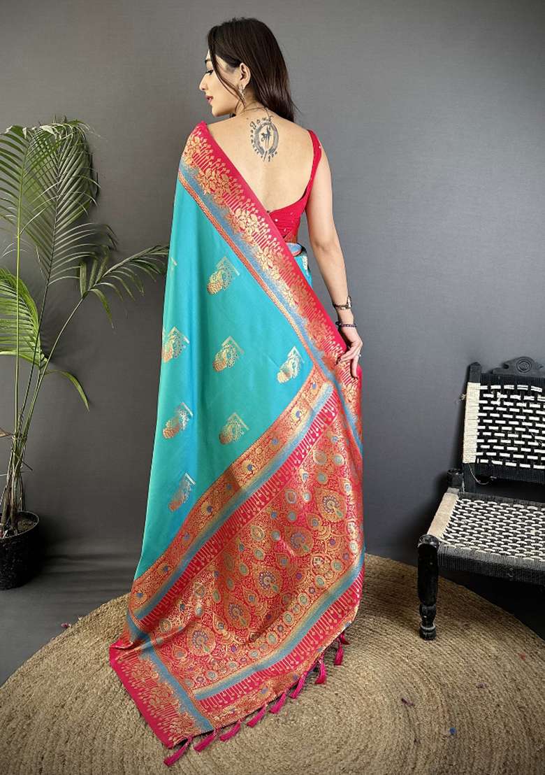 Aqua Green Peacock Butta Work Silk Blend Saree Set for Diwali | Wedding & Festive Wear - Indya