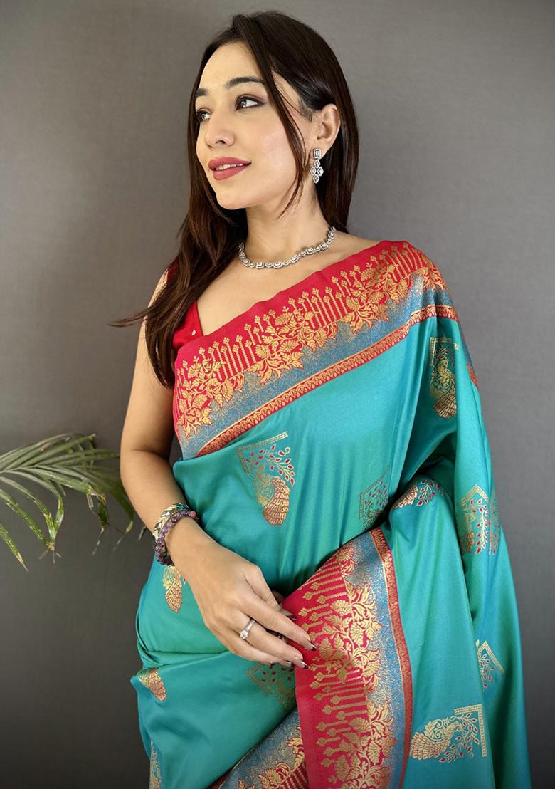 Aqua Green Peacock Butta Work Silk Saree Set - Indya