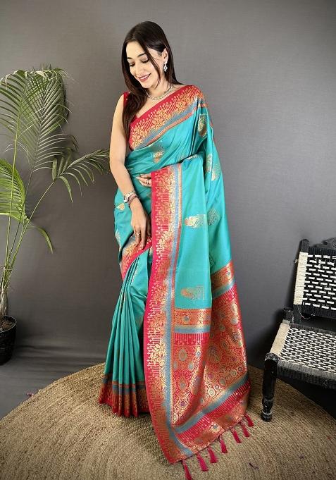 Aqua Green Peacock Butta Work Silk Saree Set