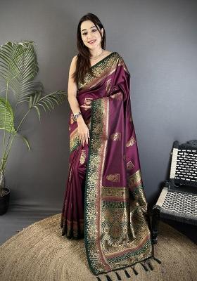 Maroon Peacock Butta Work Silk Saree Set