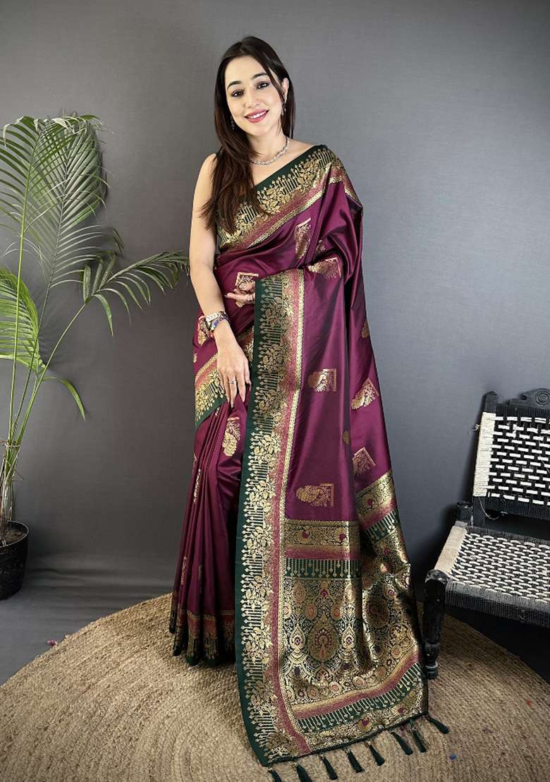 Maroon Peacock Butta Work Silk Blend Saree Set for Diwali and Festive Wear - Indya