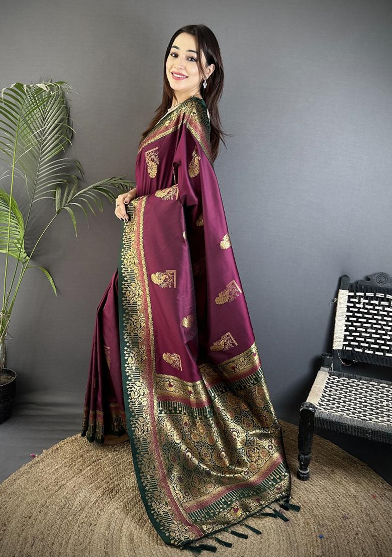 Maroon Peacock Butta Work Silk Saree Set - Indya