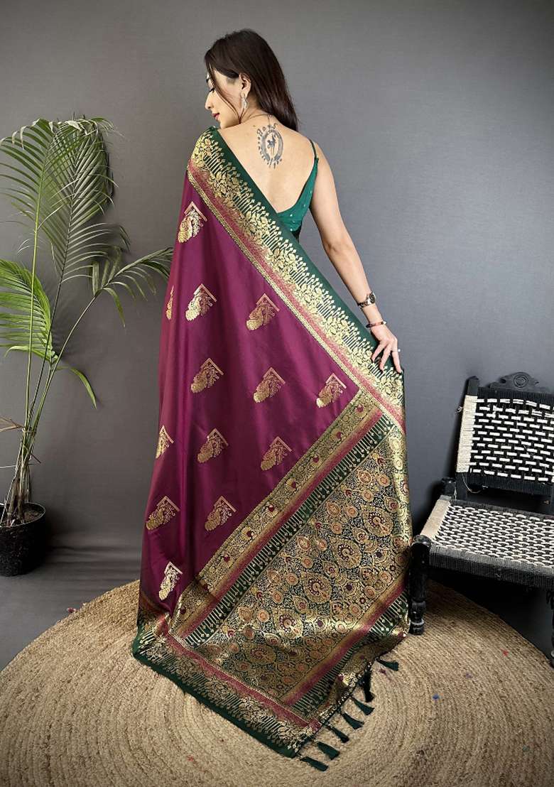 Maroon Peacock Butta Work Silk Blend Saree Set for Diwali and Festive Wear - Indya