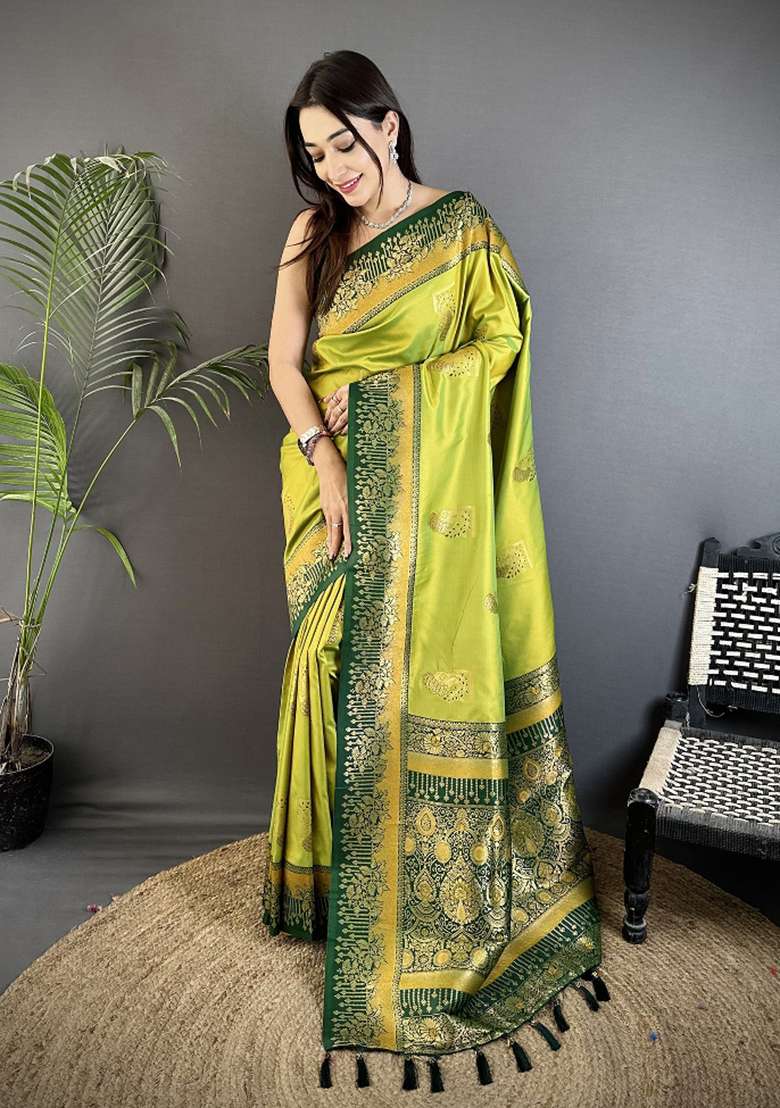 Light Green Peacock Butta Work Silk Blend Saree Set for Diwali and Festive Wear - Indya