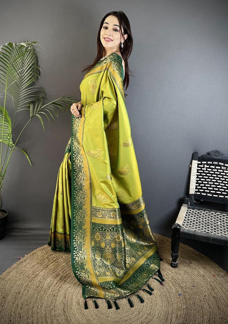 Light Green Peacock Butta Work Silk Saree Set - Indya