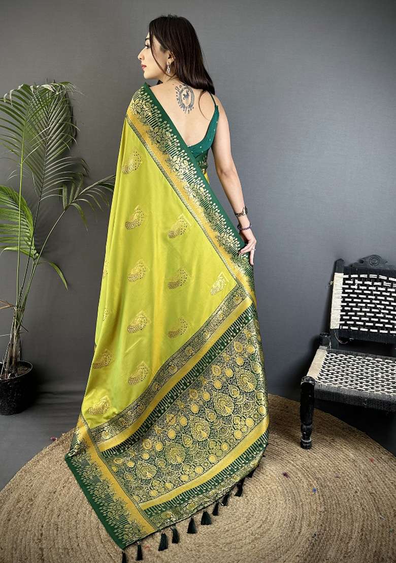 Light Green Peacock Butta Work Silk Blend Saree Set for Diwali and Festive Wear - Indya