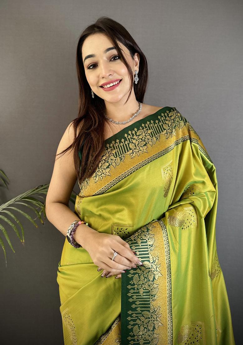 Light Green Peacock Butta Work Silk Saree Set - Indya