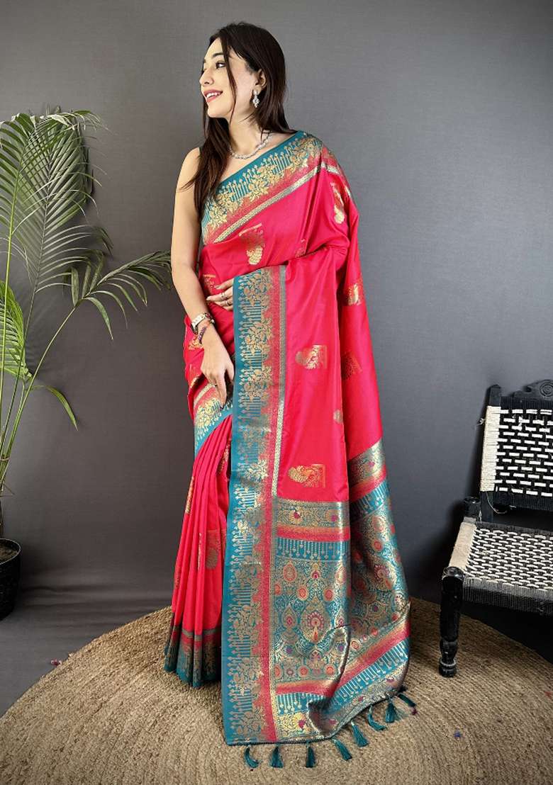 Hot Pink Peacock Butta Work Silk Blend Saree Set for Diwali and Festive Wear - Indya