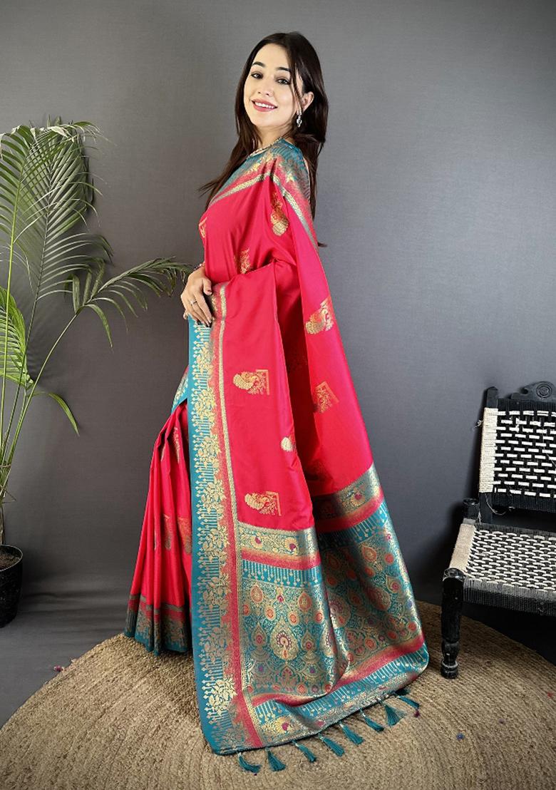 Hot Pink Peacock Butta Work Silk Saree Set - Indya