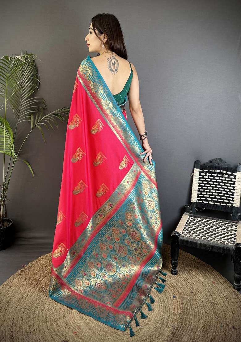 Hot Pink Peacock Butta Work Silk Blend Saree Set for Diwali and Festive Wear - Indya