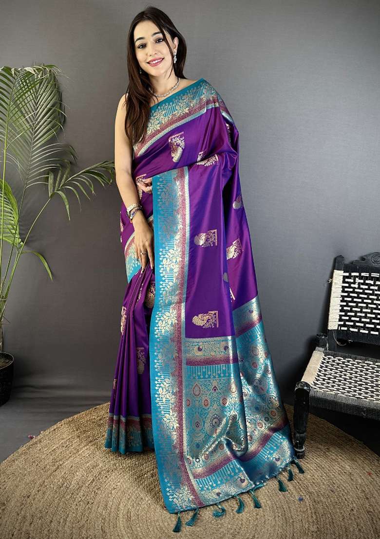 Purple Peacock Butta Work Silk Blend Saree Set for Diwali | Wedding & Festive Wear - Indya