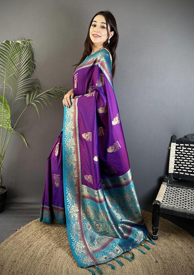 Purple Peacock Butta Work Silk Saree Set - Indya