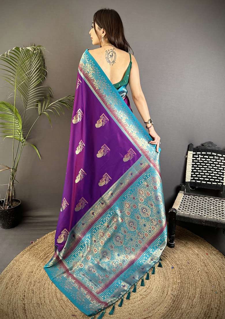Purple Peacock Butta Work Silk Blend Saree Set for Diwali | Wedding & Festive Wear - Indya