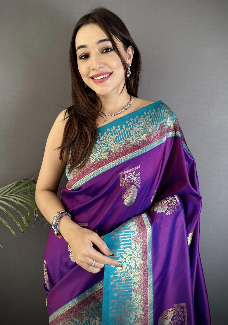 Purple Peacock Butta Work Silk Saree Set - Indya