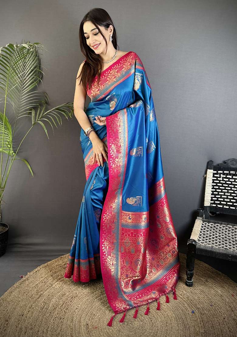 Royal Blue Peacock Butta Work Silk Blend Saree Set for Diwali | Wedding & Festive Wear - Indya