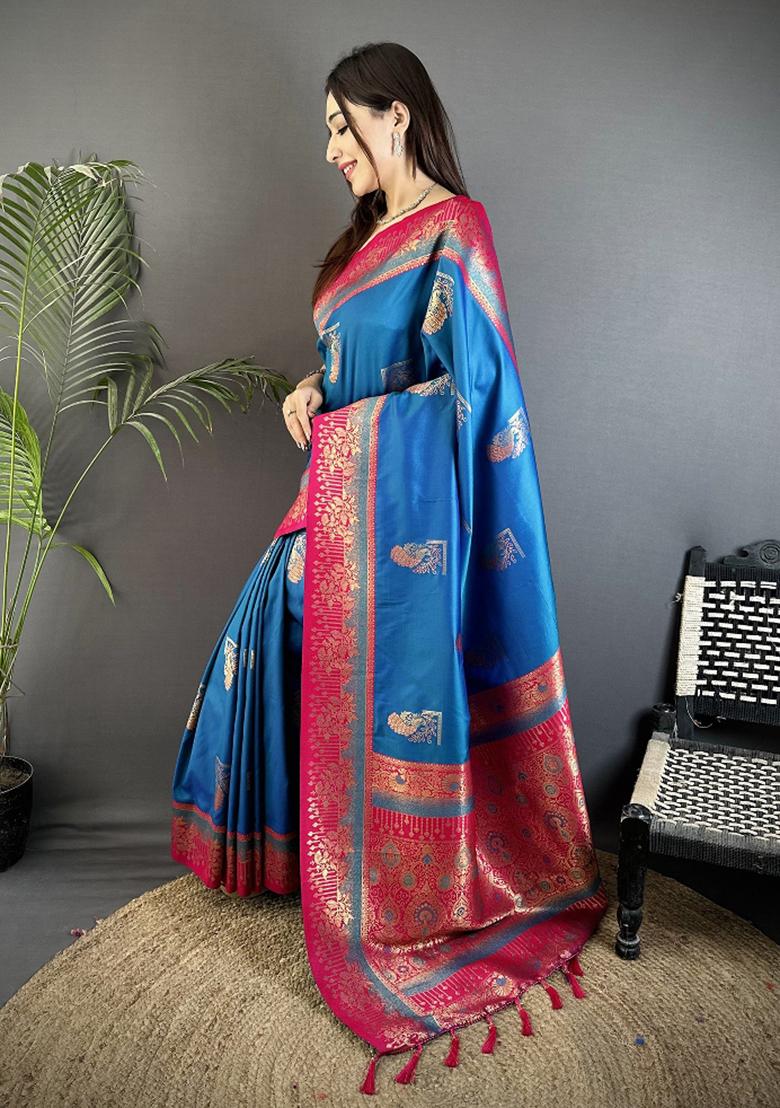 Royal Blue Peacock Butta Work Silk Saree Set - Indya