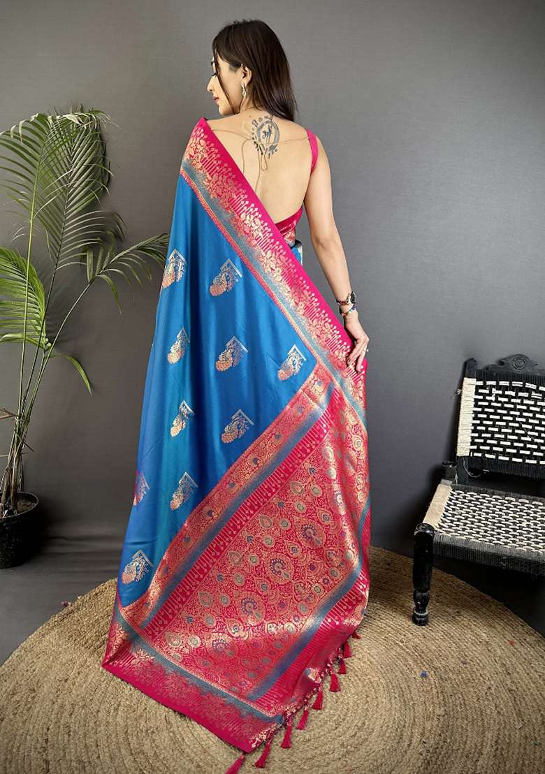 Royal Blue Peacock Butta Work Silk Blend Saree Set for Diwali | Wedding & Festive Wear - Indya